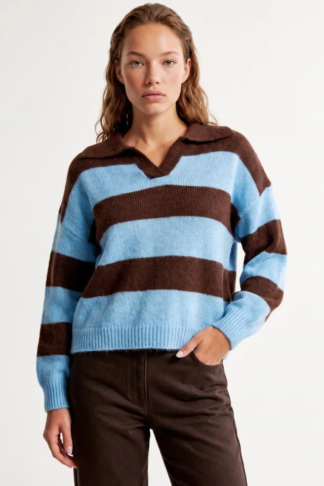 Aftershock London Maglione Righe Blu Polo Lana