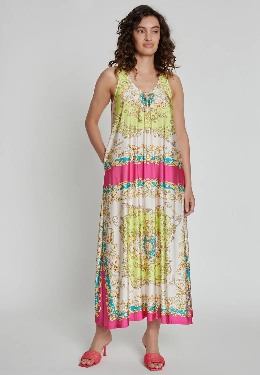 Ana Alcazar Konea abito maxi lungo stampa foulard