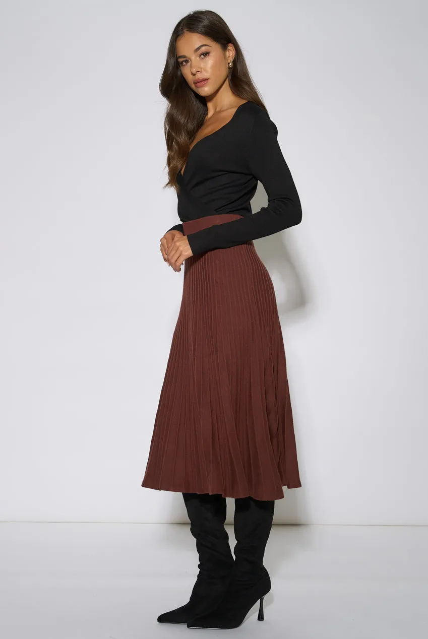 Gini London Pleat Detail gonna midi marrone maglia plisse