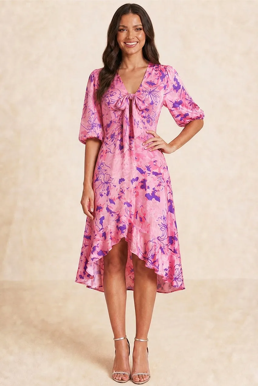 Chi Chi London Tie Front abito midi rosa fantasia