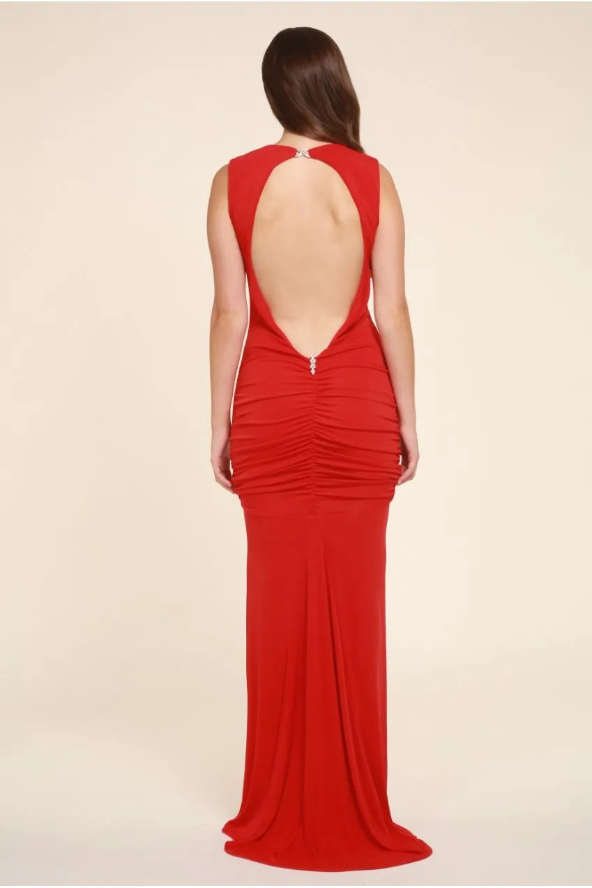 Honor Gold Bella Backless abito maxi rosso con strascico