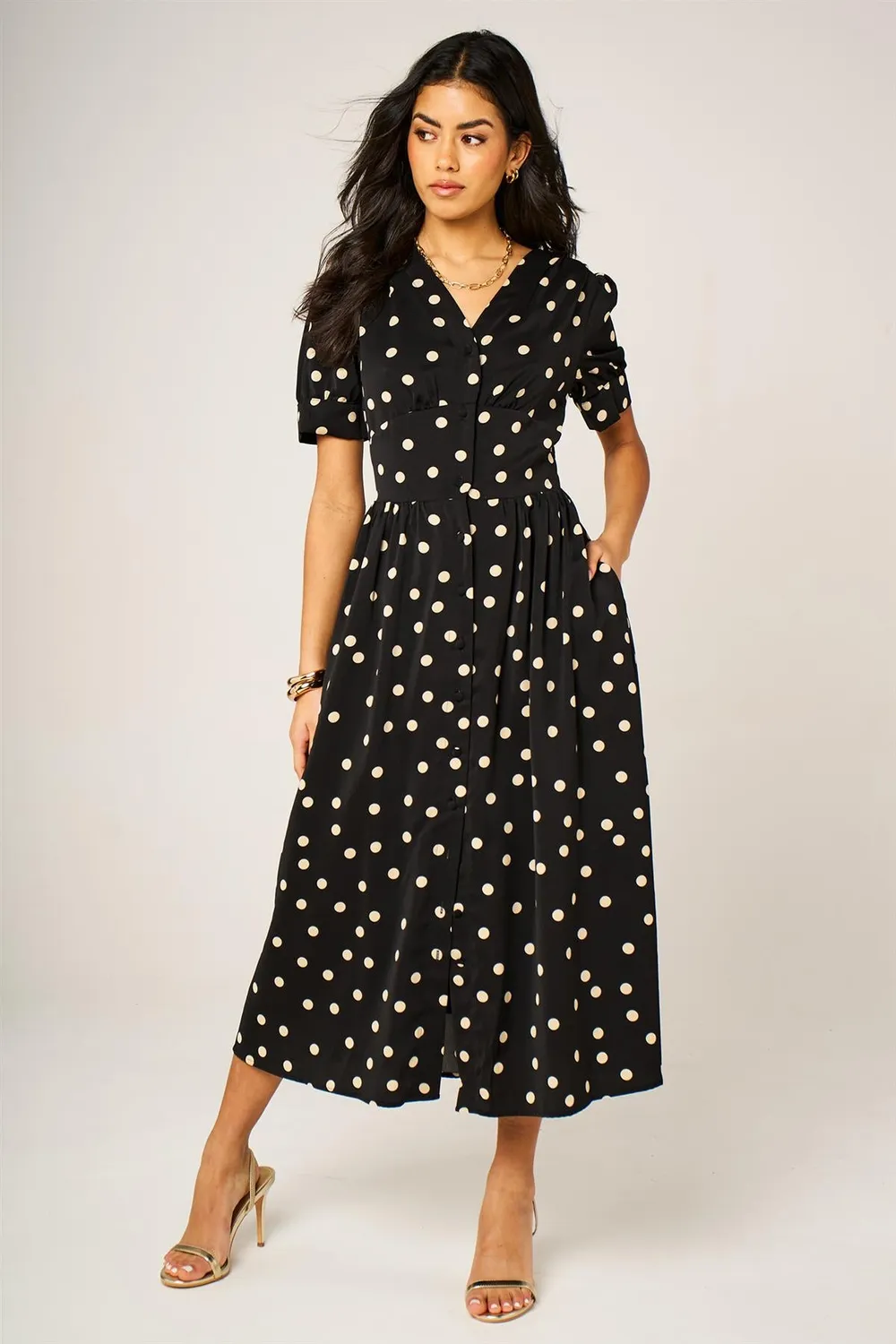 Goddiva FS Collection abito midi nero pois bottoni