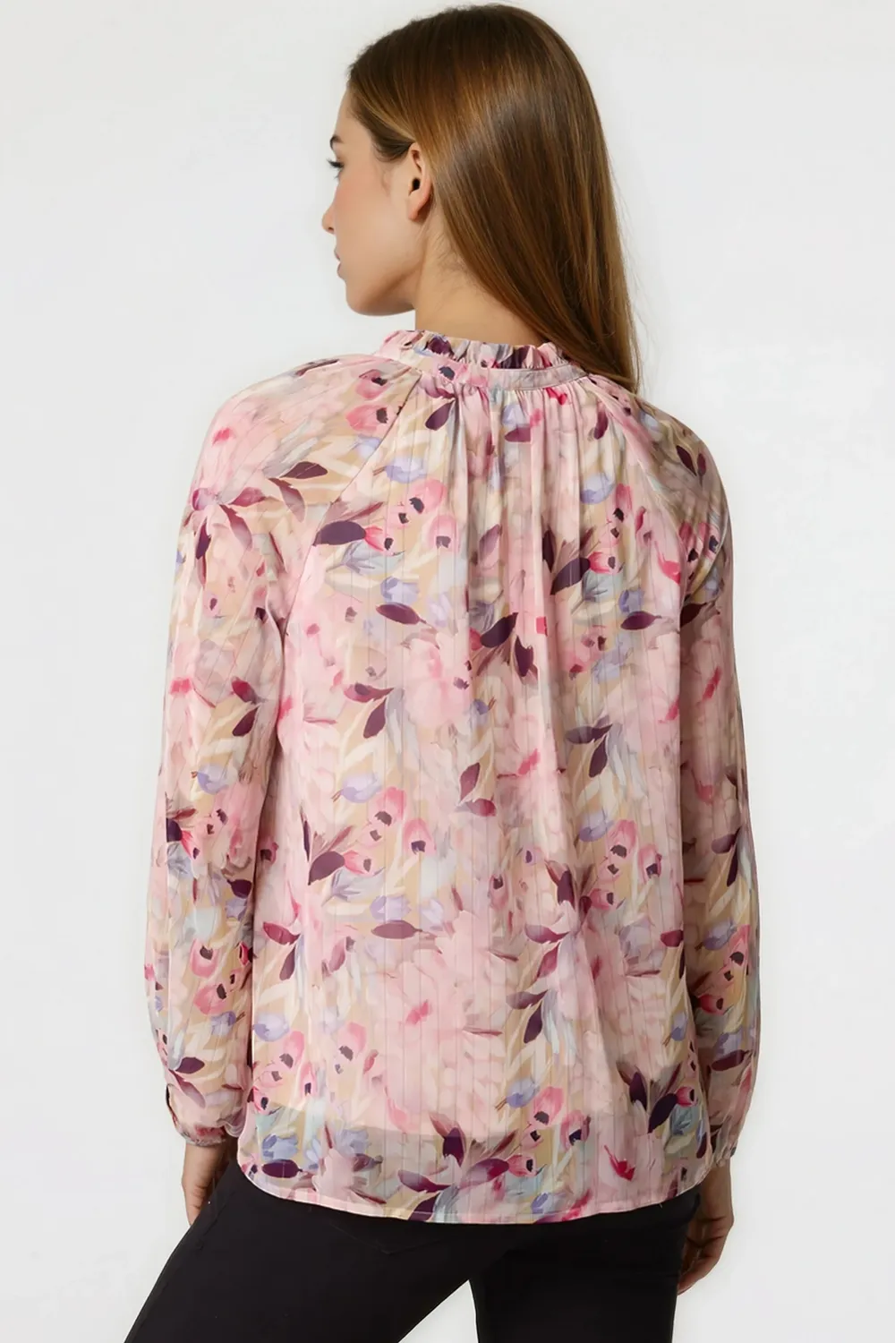 Aftershock London Floral Tie Neck blusa rosa chiffon