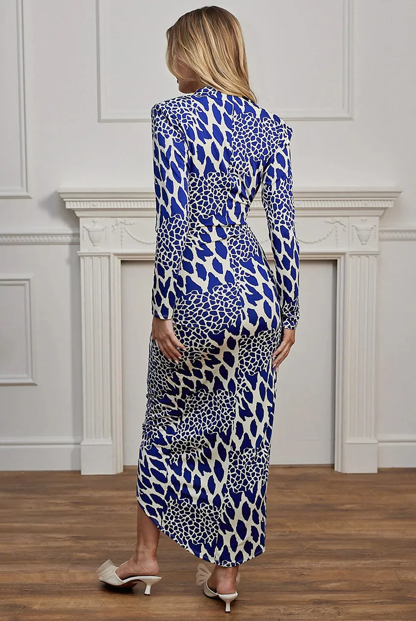 Angeleye Plunge Wrap Midi abito blu leopardato