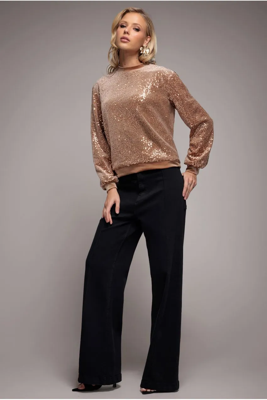Goddiva Sequin Velvet Jumper maglione champagne paillettes