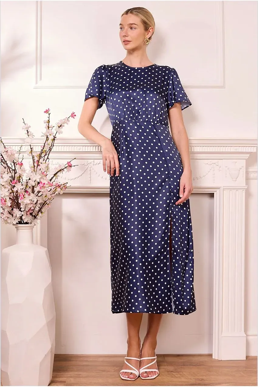 Angeleye abito midi satin blu pois scollatura elegante