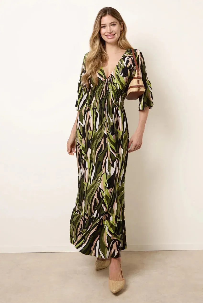 Blue Vanilla Shirred Empire Bust abito midi verde stampa scollo V