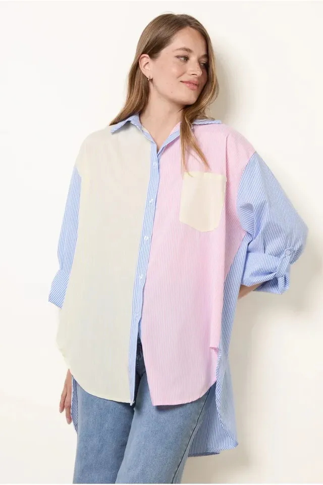 Blue Vanilla Multi Coloured Stripe camicia blu cotone taglia unica