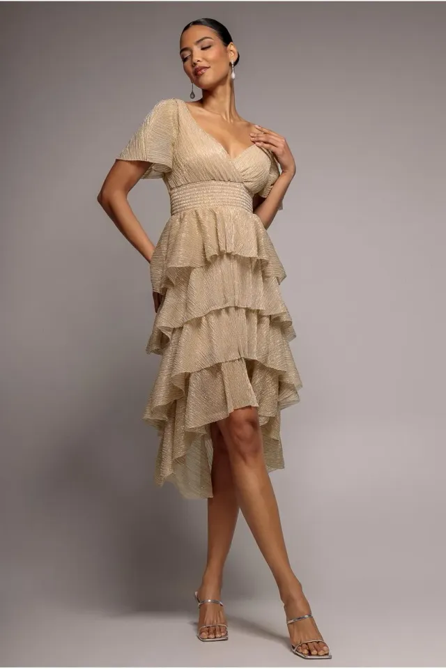 Goddiva Crinkle Lurex abito midi champagne oro lurex