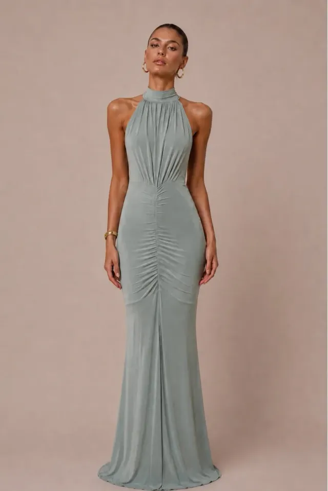 Honor Gold Kyra abito maxi verde salvia scollatura halter