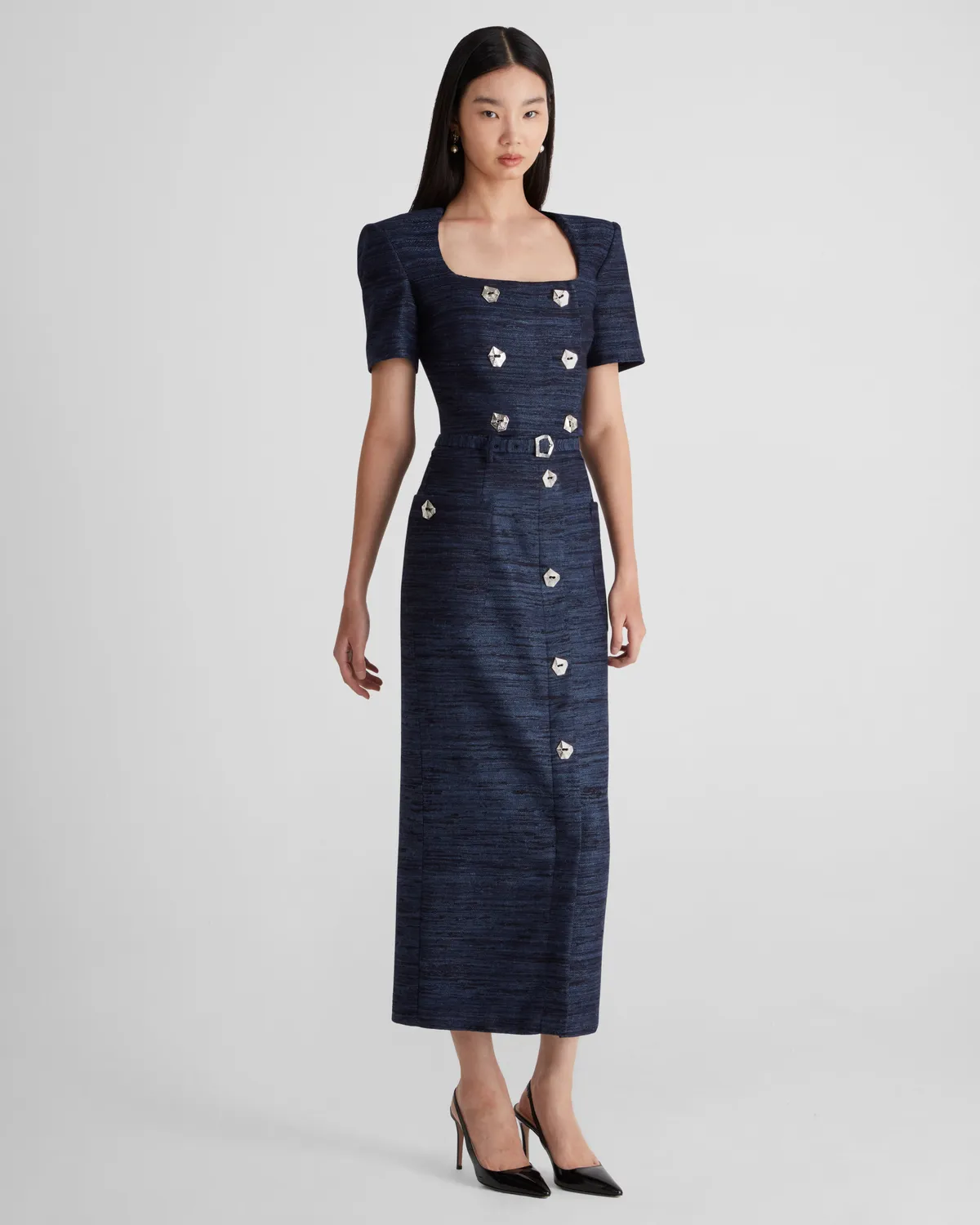 Violante Nessi Vittoria top blu tweed seta doppiopetto