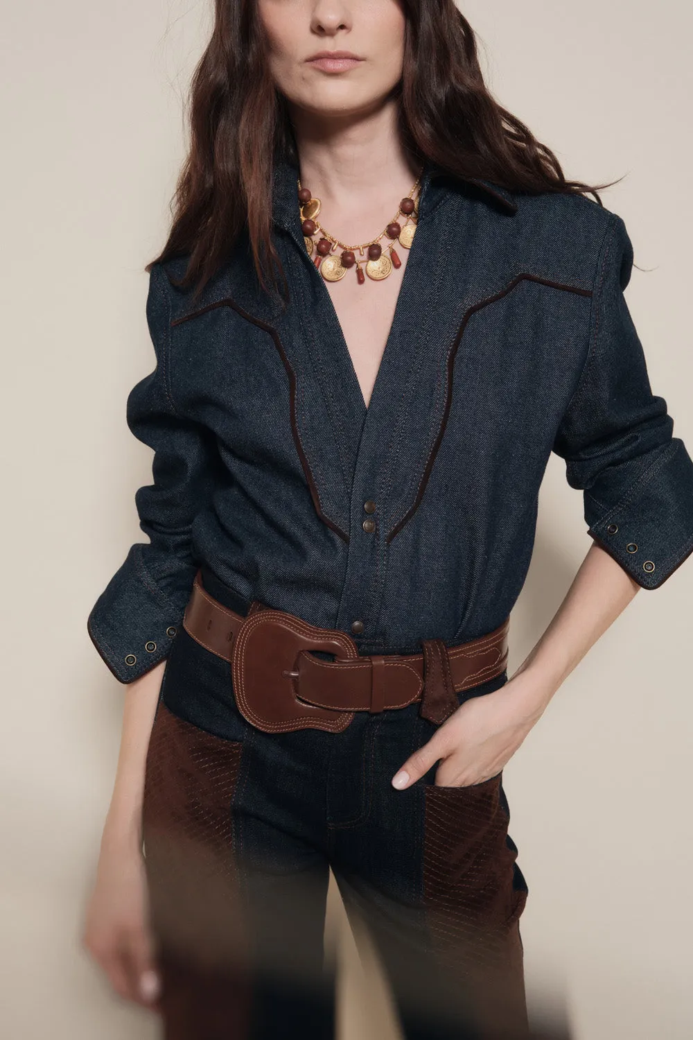Johanna Ortiz Frontier Femme pantaloni denim pelle vita alta