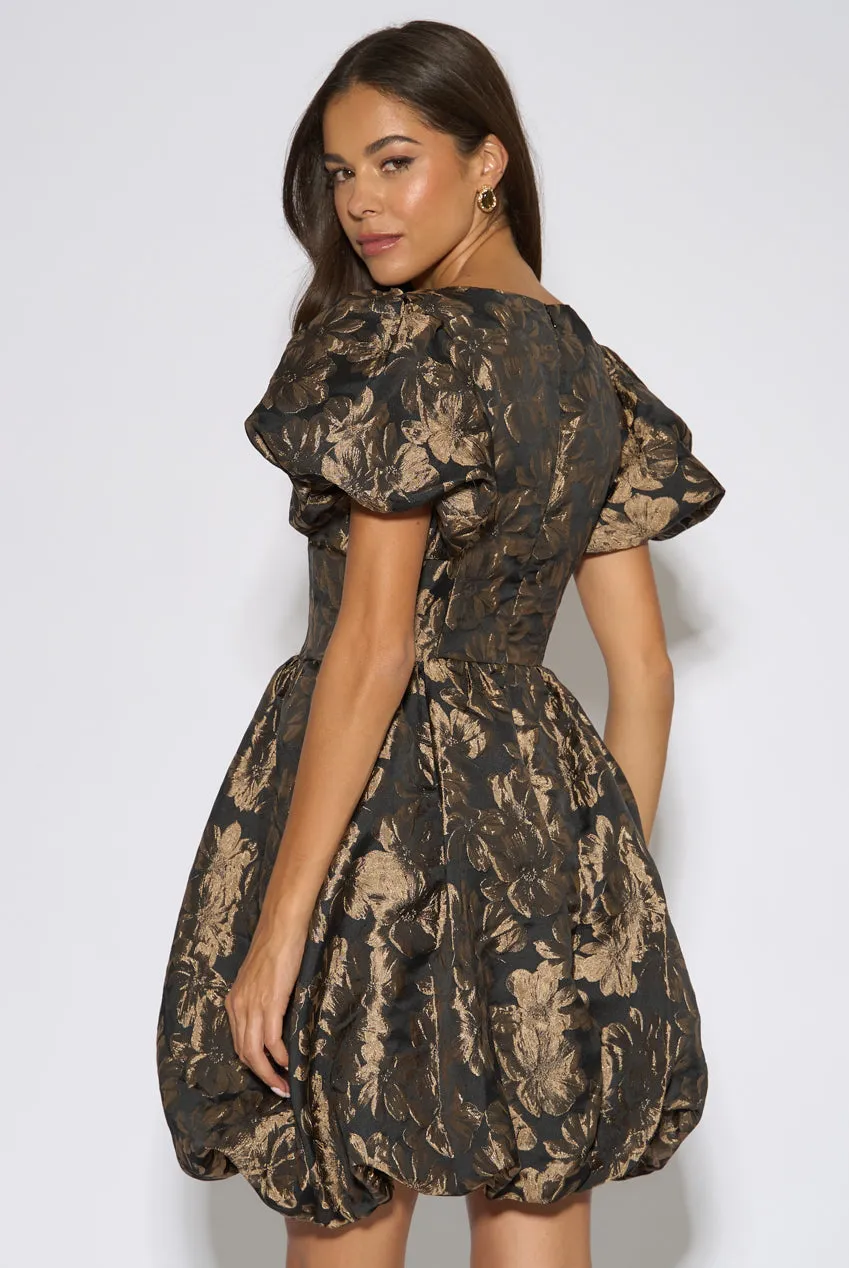 Gini London abito mini jacquard floreale nero sbuffo 8-16