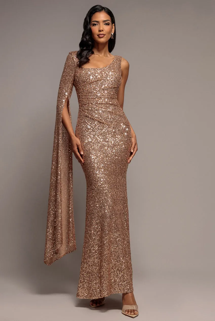 Goddiva abito maxi champagne mantella paillettes sirena