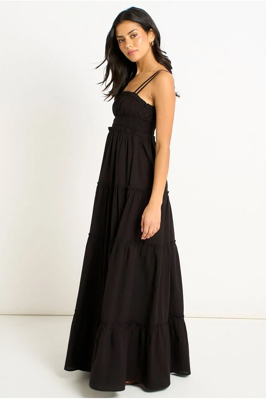 Gini London Shirred abito maxi nero in cotone