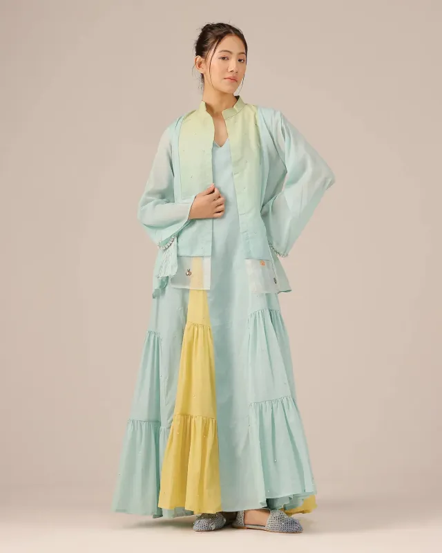 Our Dve Blush Pearl tailleur giacca abito blu cotone perle