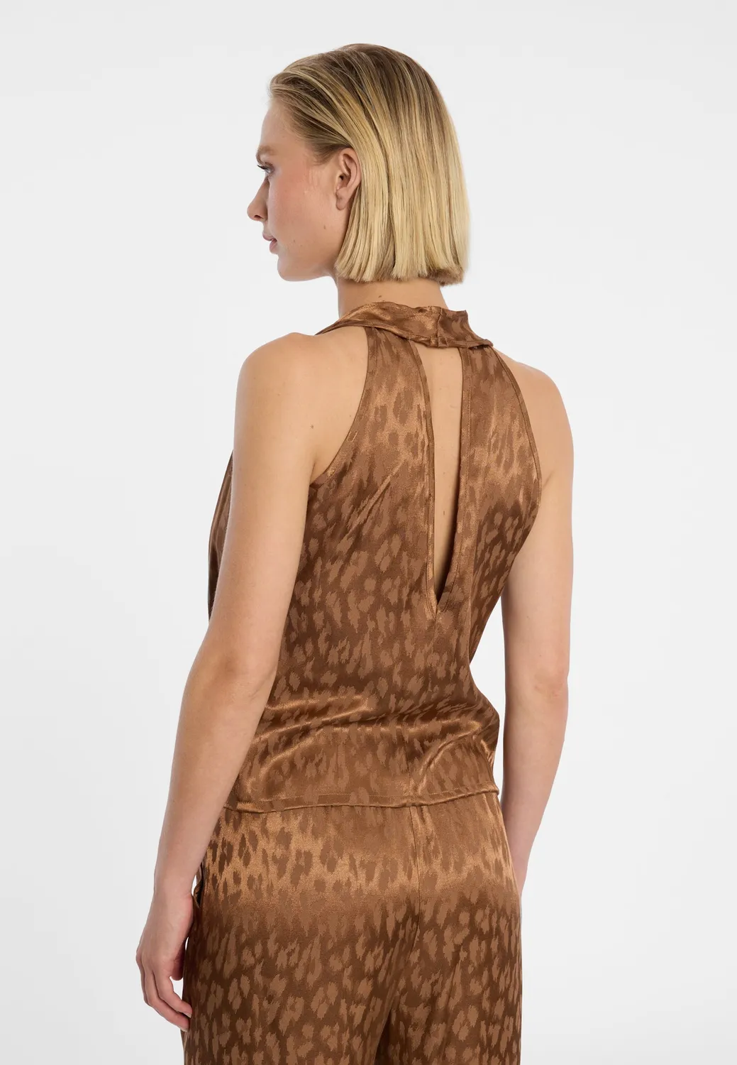 Ana Alcazar Drial top halterneck raso animalier marrone
