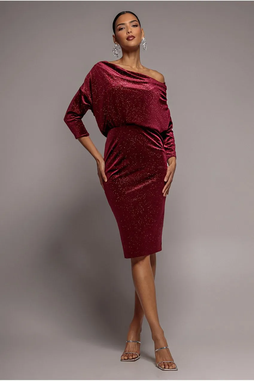 Goddiva Glitter Velvet Cowl Neck abito midi wine velluto