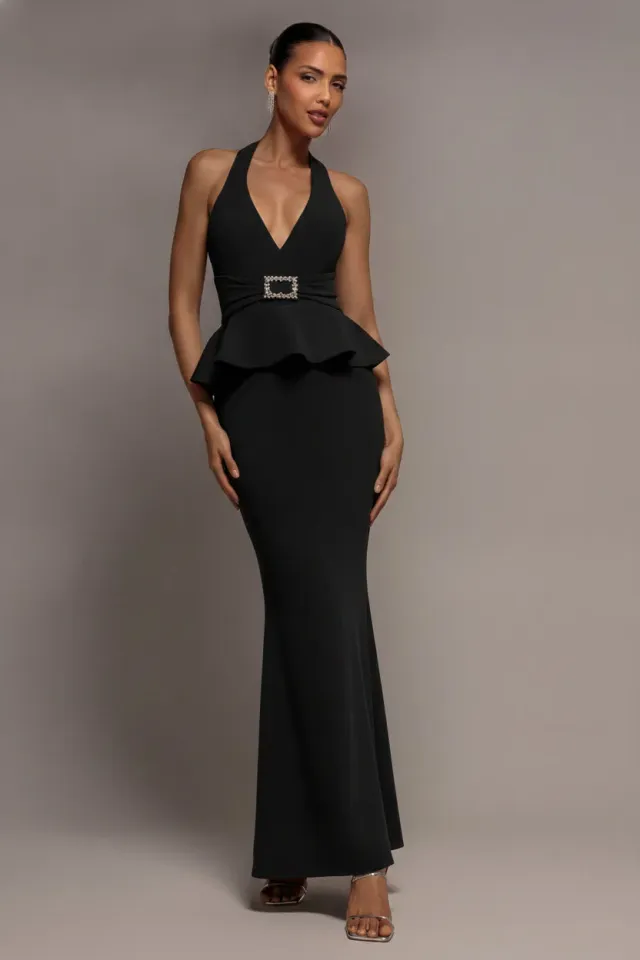 Goddiva Peplum maxi abito nero halter fibbia 8-16