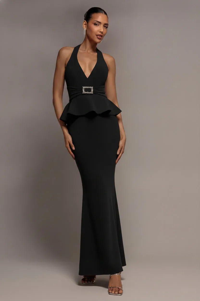Goddiva Peplum maxi abito nero halter fibbia 8-16