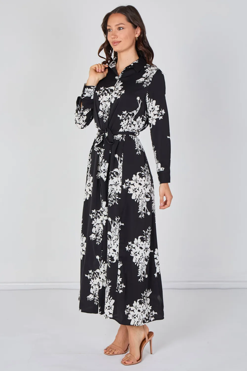 Love Sunshine abito camicia maxi floreale nero bianco L