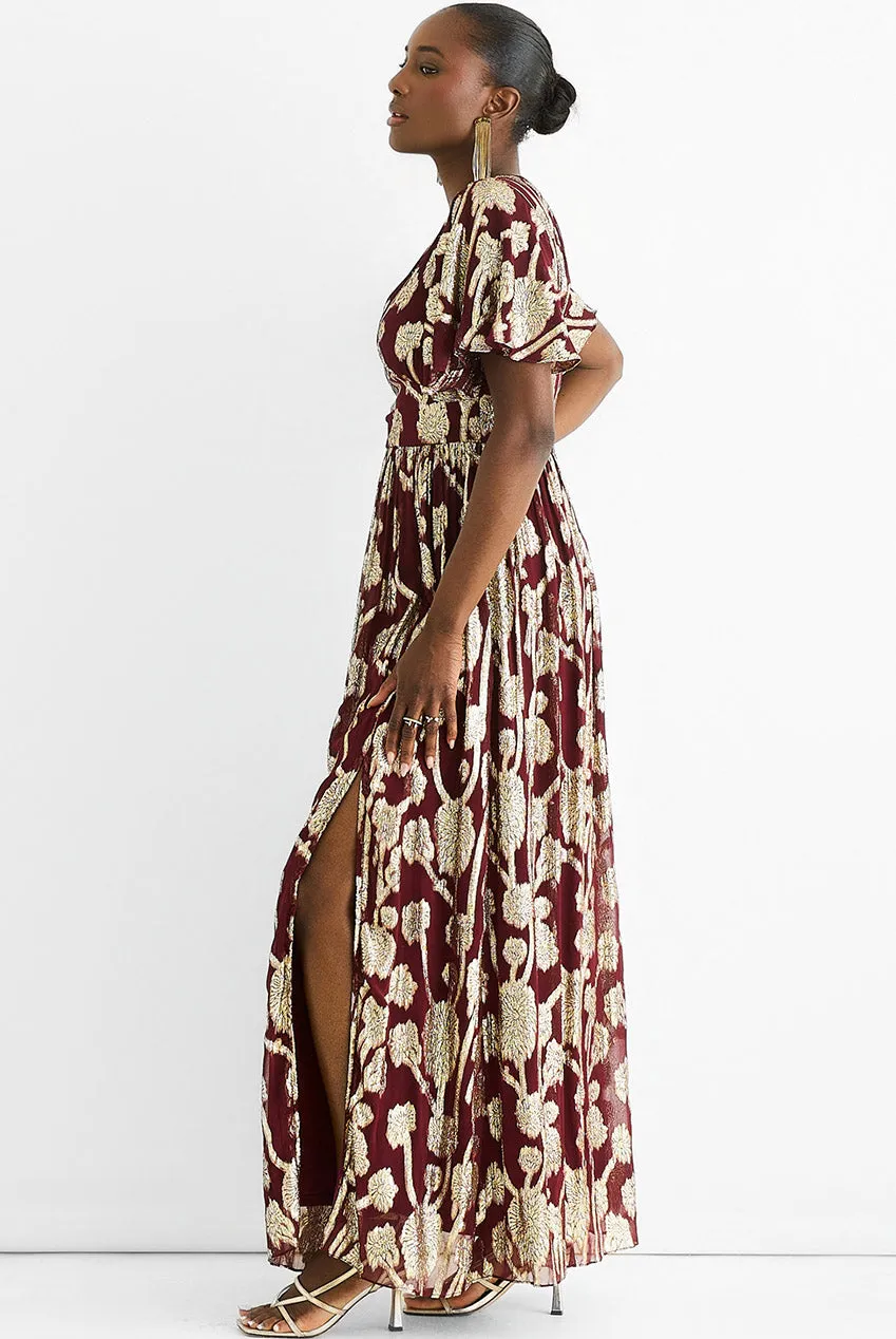 Goddiva Gini London abito lungo bordeaux jacquard metallizzato