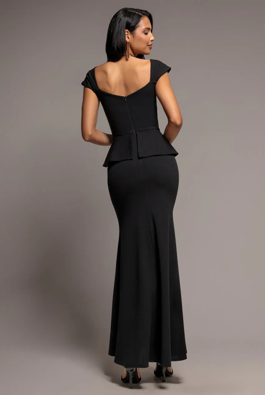 Goddiva Abito Maxi Scuba Peplo Nero Scollo Cuore 12