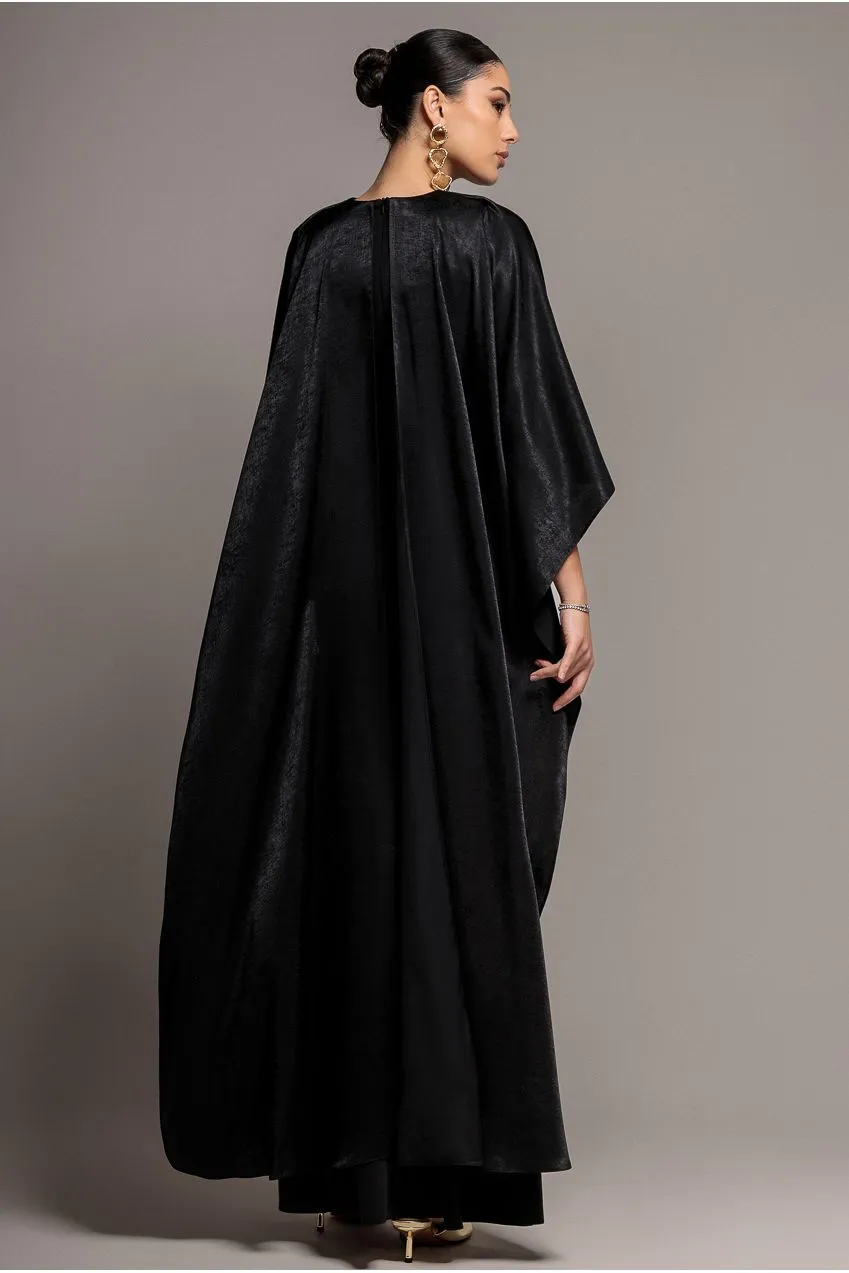 Goddiva Cape Sleeve abito satin nero maxi