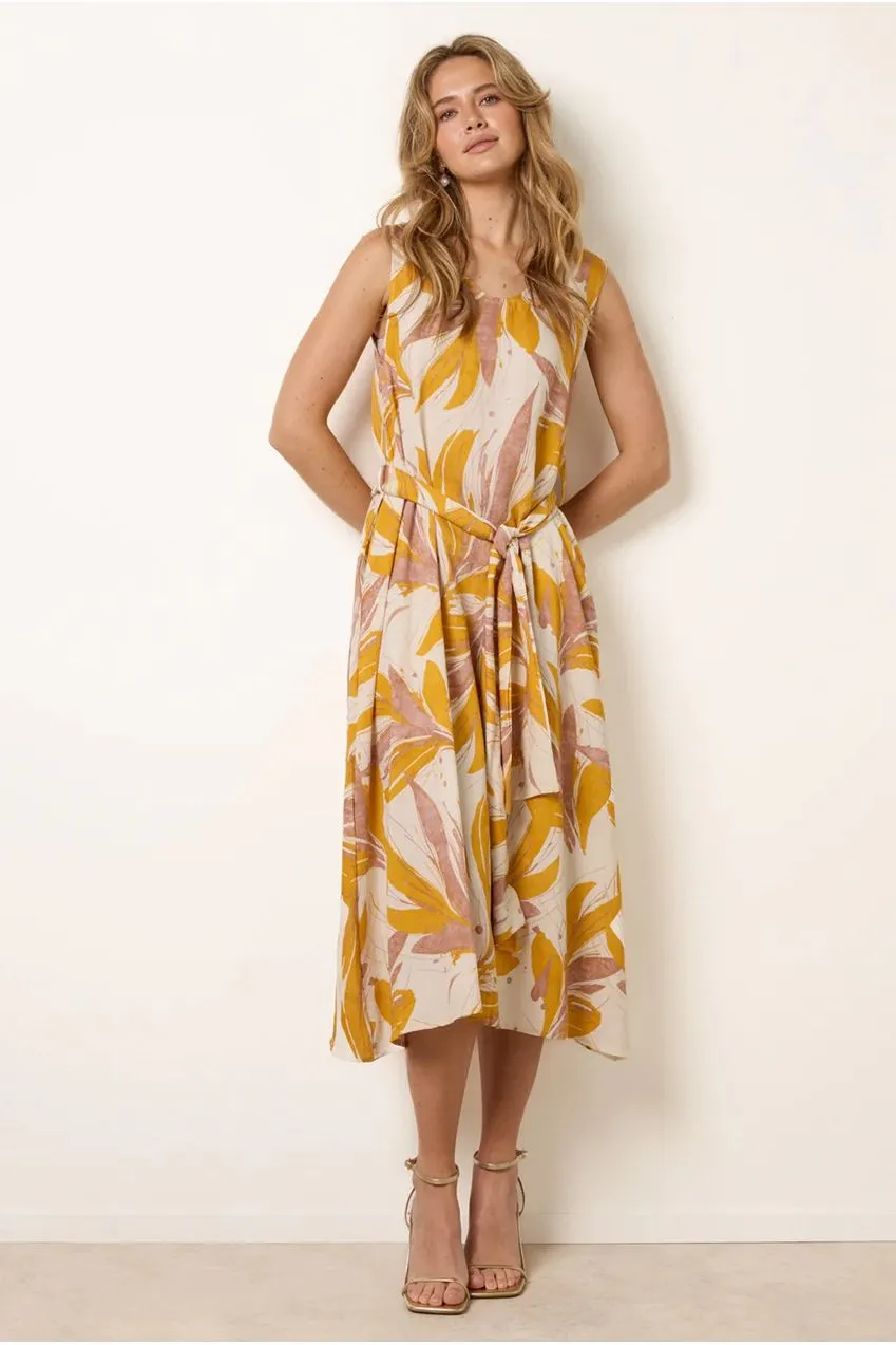 Blue Vanilla Leaf Print abito midi limone senza maniche
