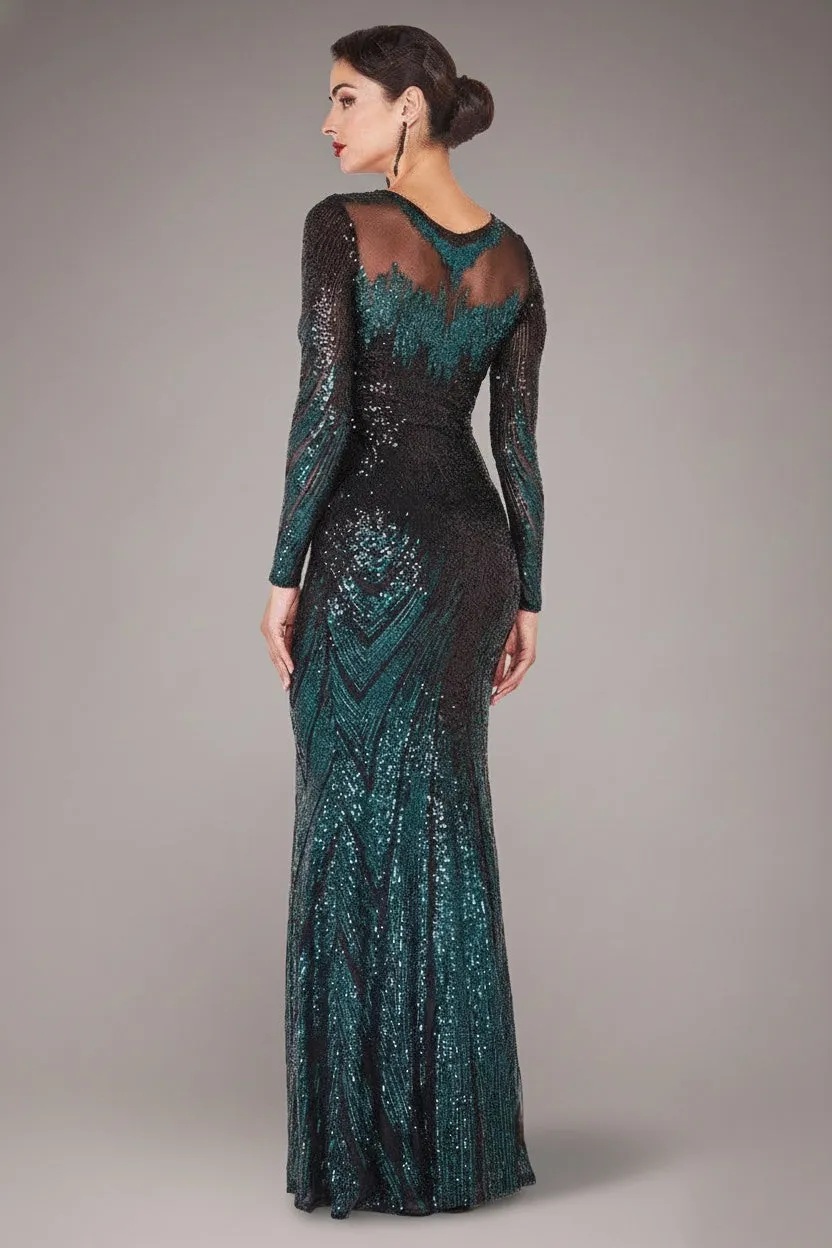 Goddiva Aztec abito lungo paillettes verde smeraldo