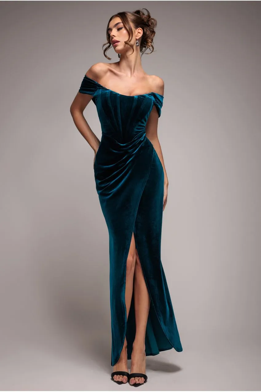 Goddiva Draped Shoulder Abito Maxi Velluto Ottanio