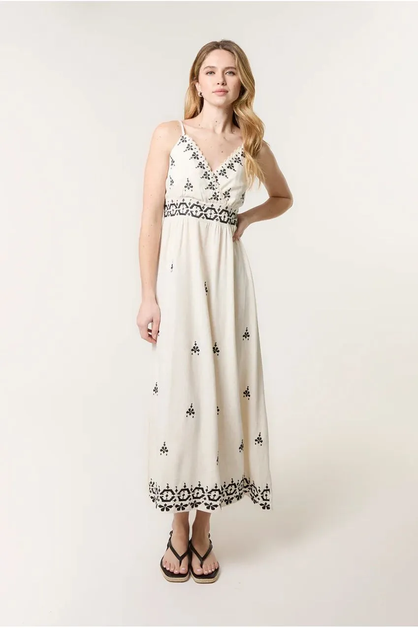 Blue Vanilla Embroidered abito maxi avorio lino
