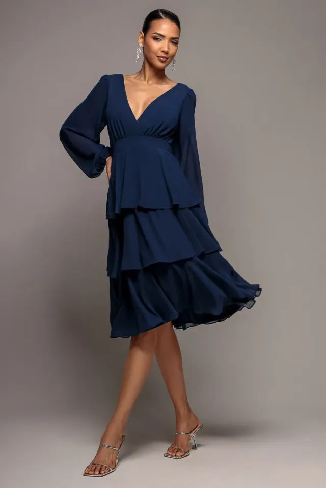 Goddiva Tiered Chiffon Wrap abito midi blu navy