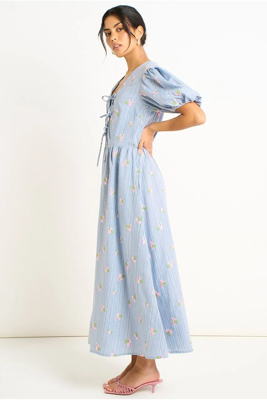 Gini London abito midi cotone azzurro maniche sbuffo