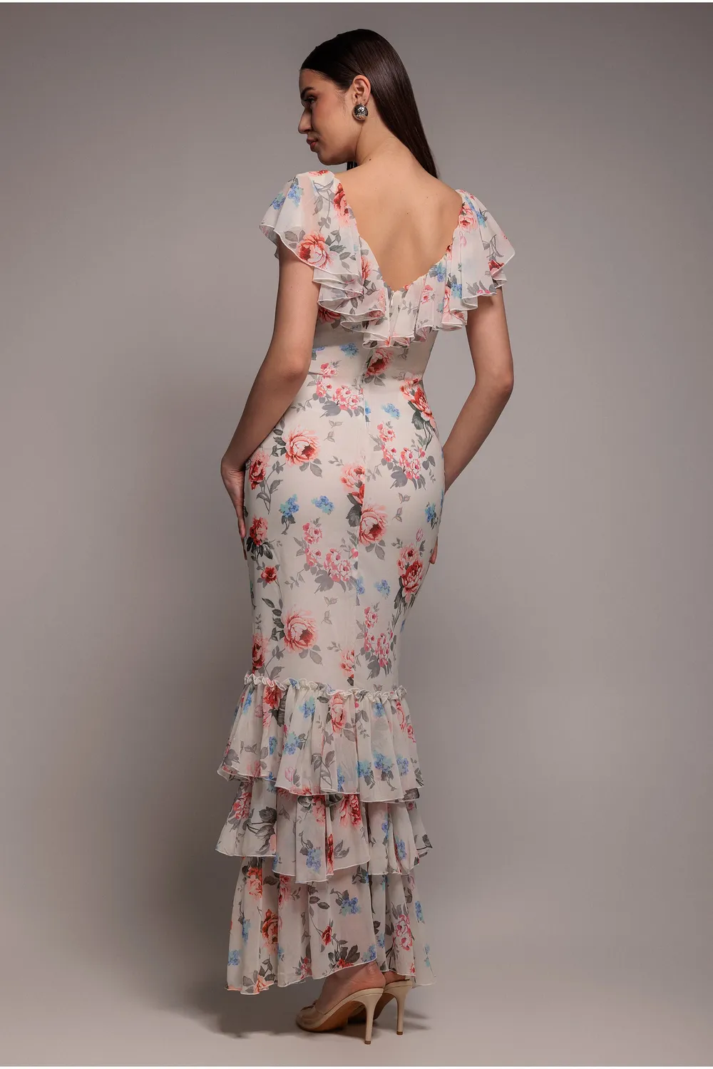 Goddiva DR3750 abito maxi chiffon crema floreale balze