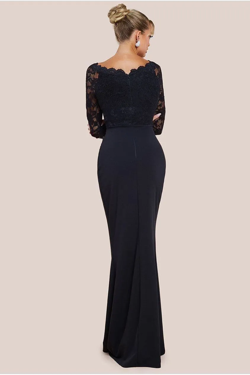 Goddiva Scalloped Lace Scuba abito maxi nero pizzo manica