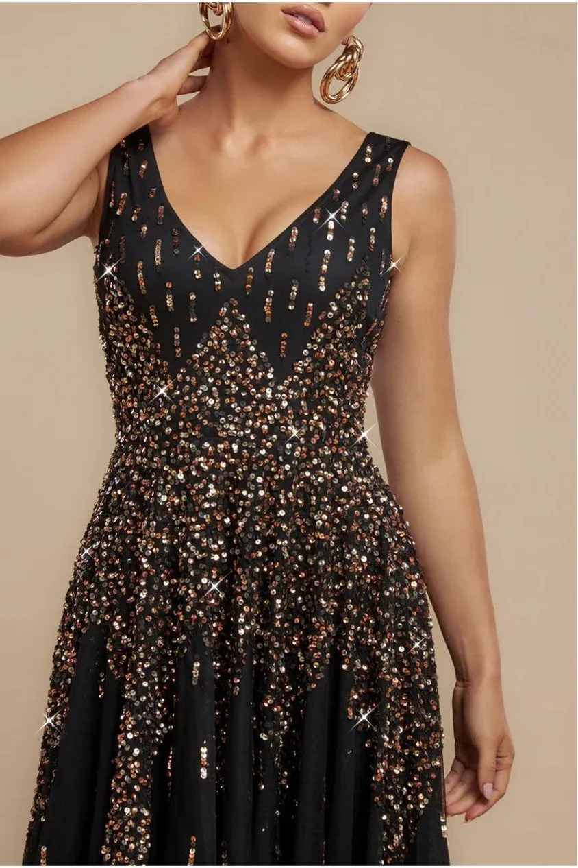 Goddiva Sunray maxi abito nero paillettes scollo V senza maniche