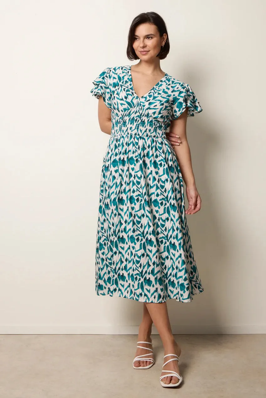 Blue Vanilla Printed V Neck abito teal midi