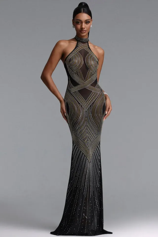 Bella Barnett Zelda Abito Lungo Nero halter strass S
