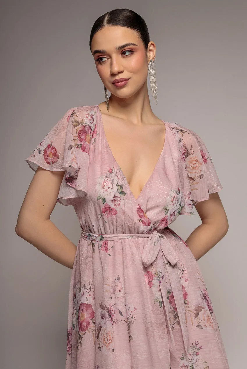 Goddiva Lurex Abito Midi Svasato Rosa Cipria Chiffon