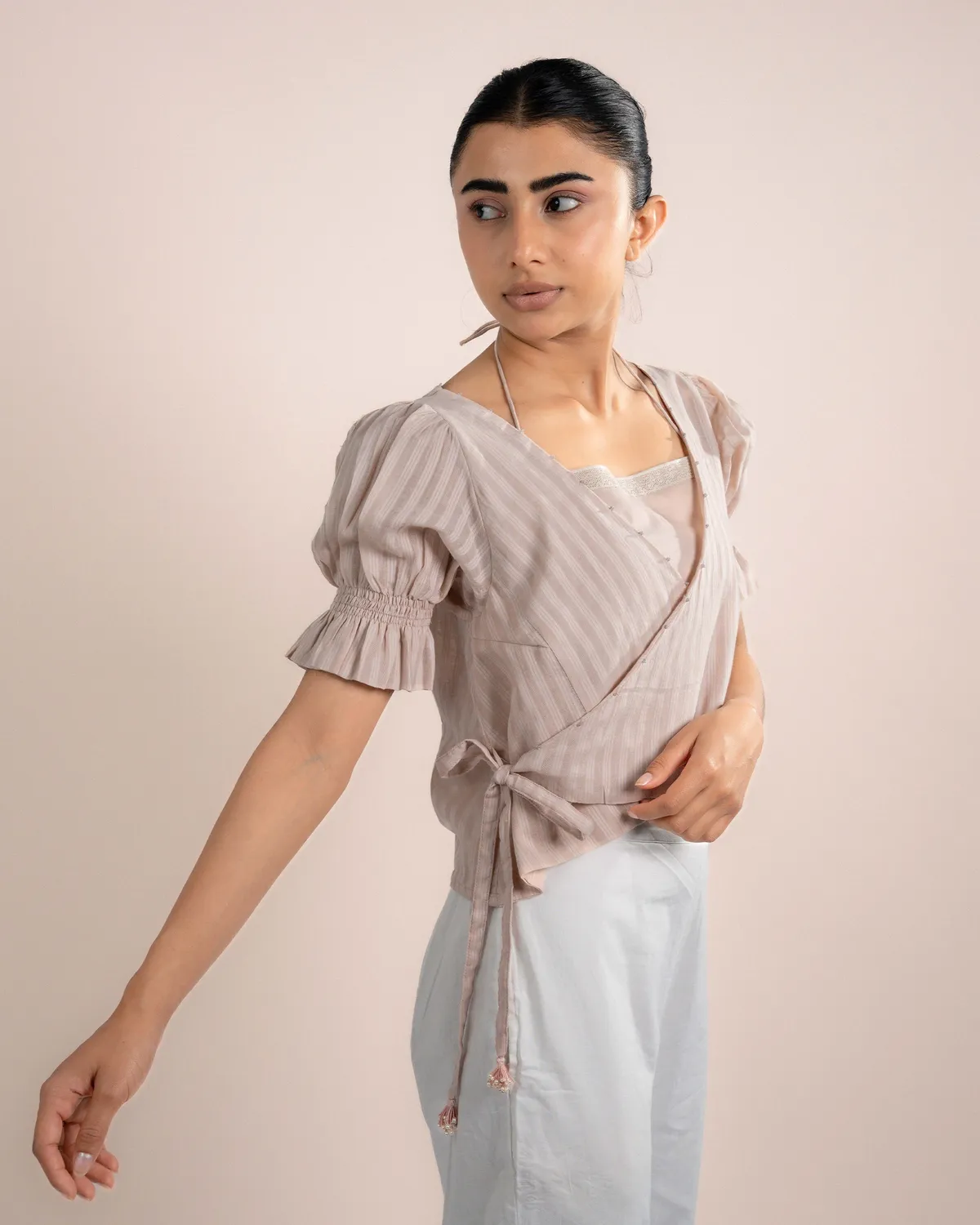 Our Dve Koi Top incrocio + tube top righe rosa cotone