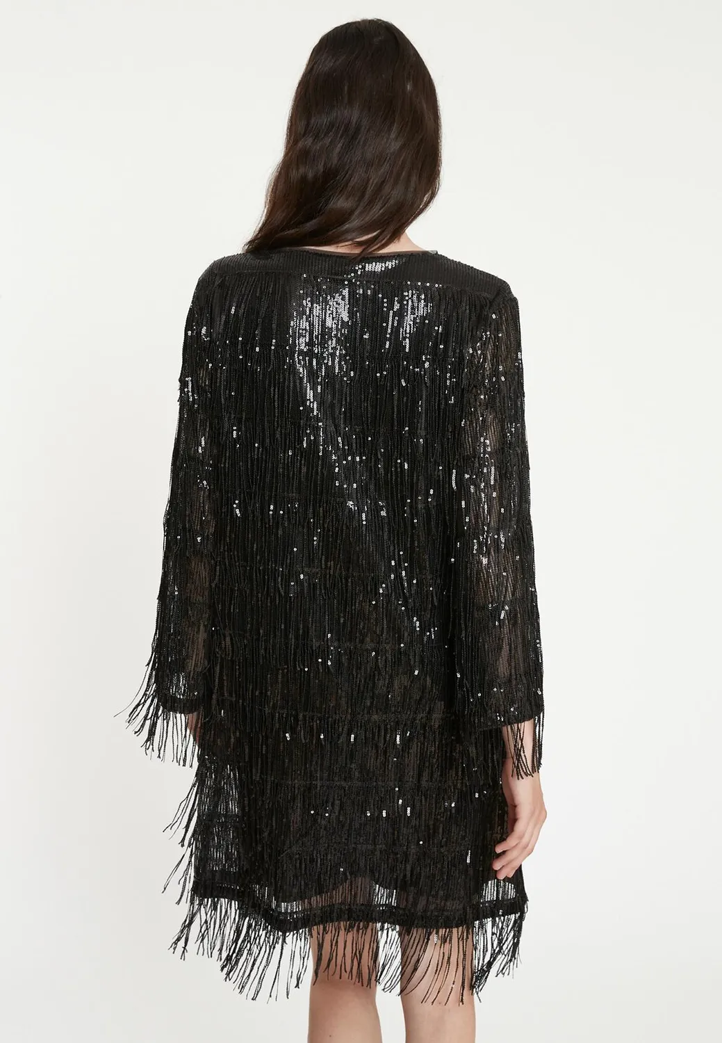Ana Alcazar Tabea abito cocktail nero frange paillettes