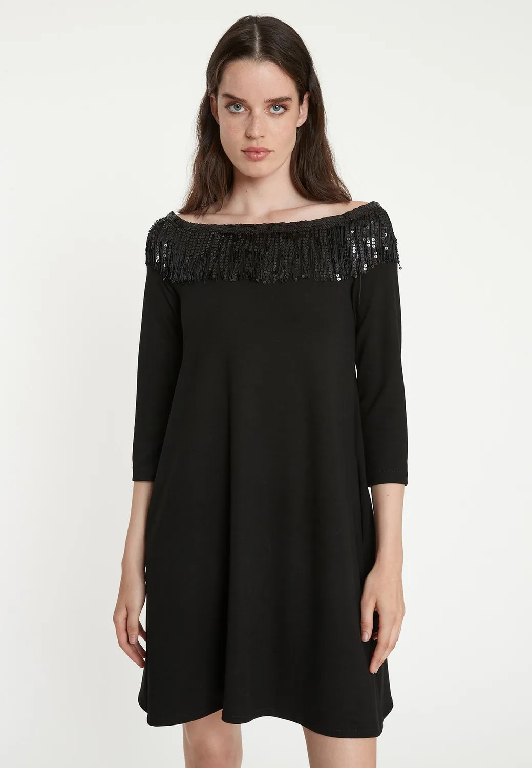 Ana Alcazar Tira Carmen abito nero corto in jersey paillettes