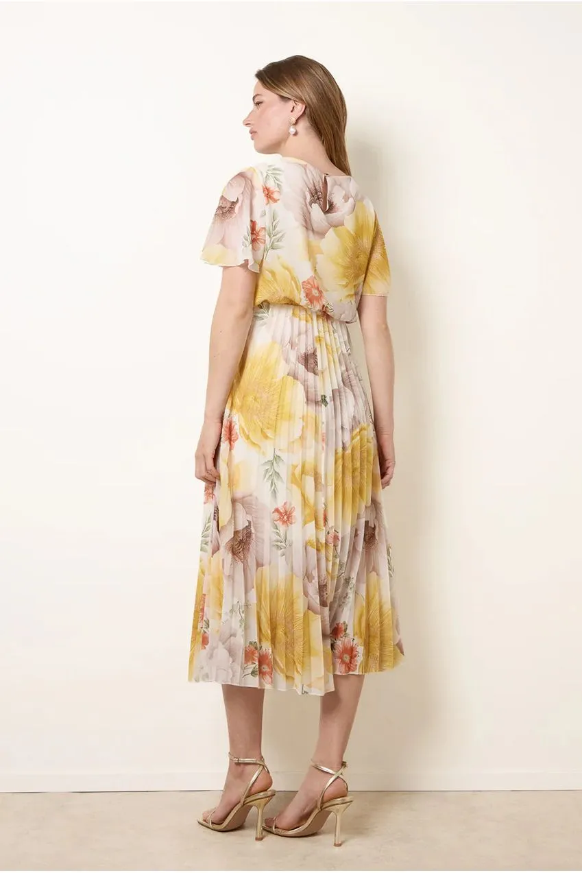 Blue Vanilla Floral abito midi limone manica corta plissettato