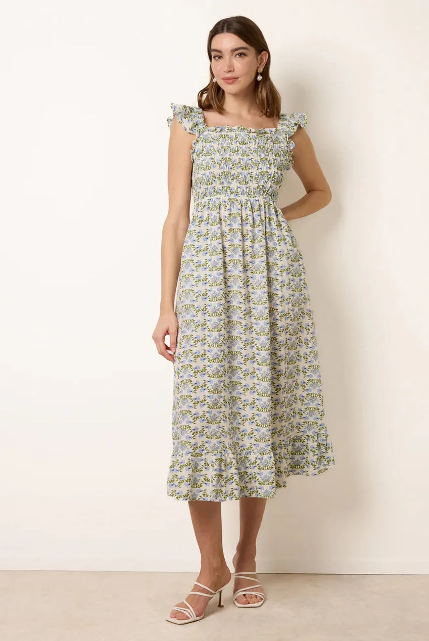 Blue Vanilla Floral abito midi blu schiena fiocco