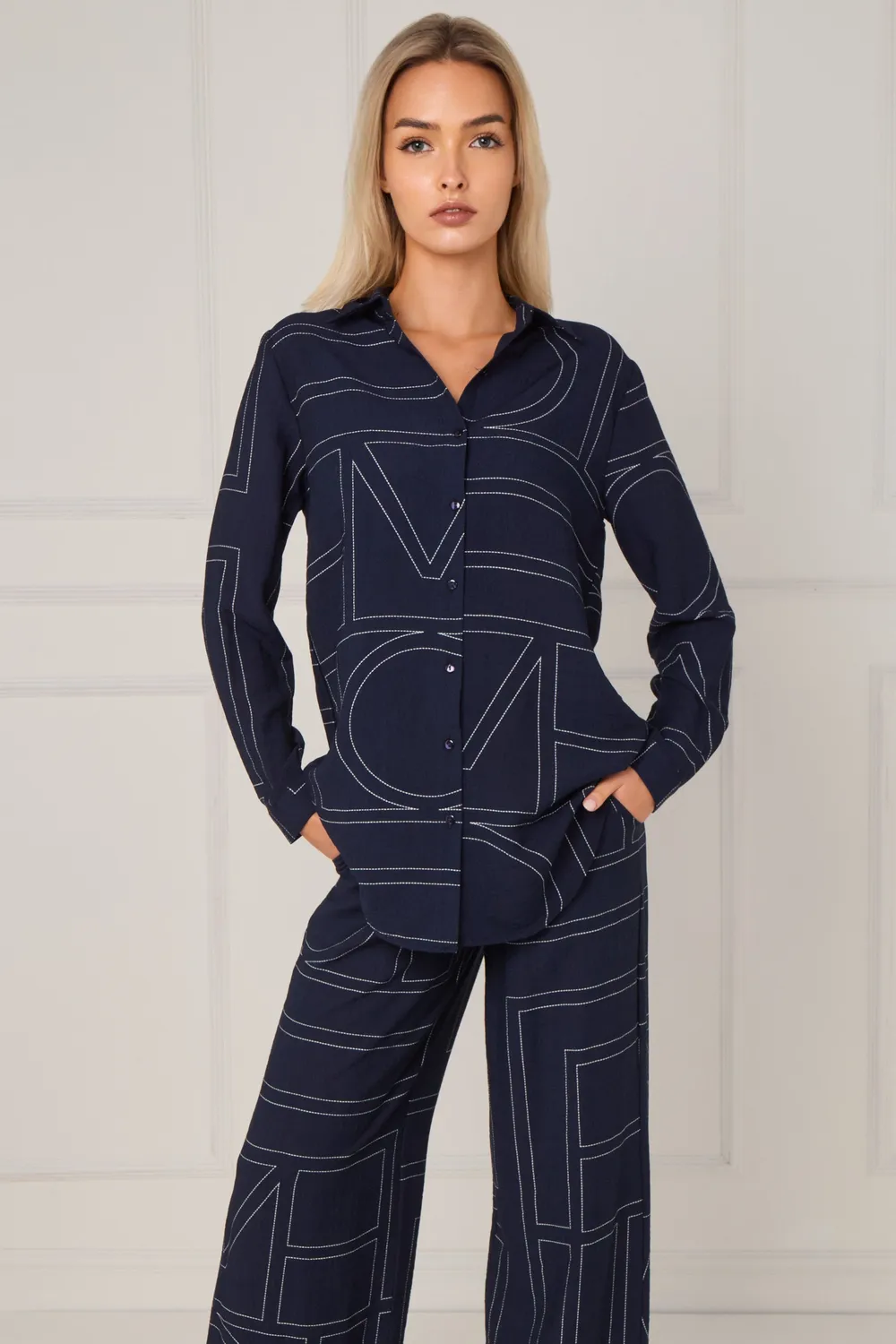 LOVE SUNSHINE Geometric coordinato blu righe pantalone