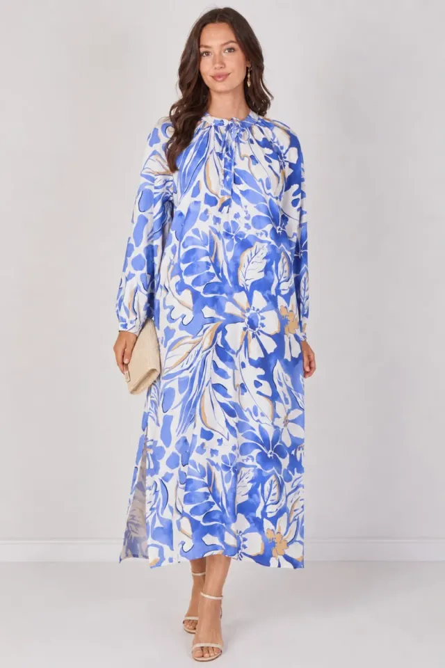 LOVE SUNSHINE Tropical Leaf abito maxi blu stampa foglie