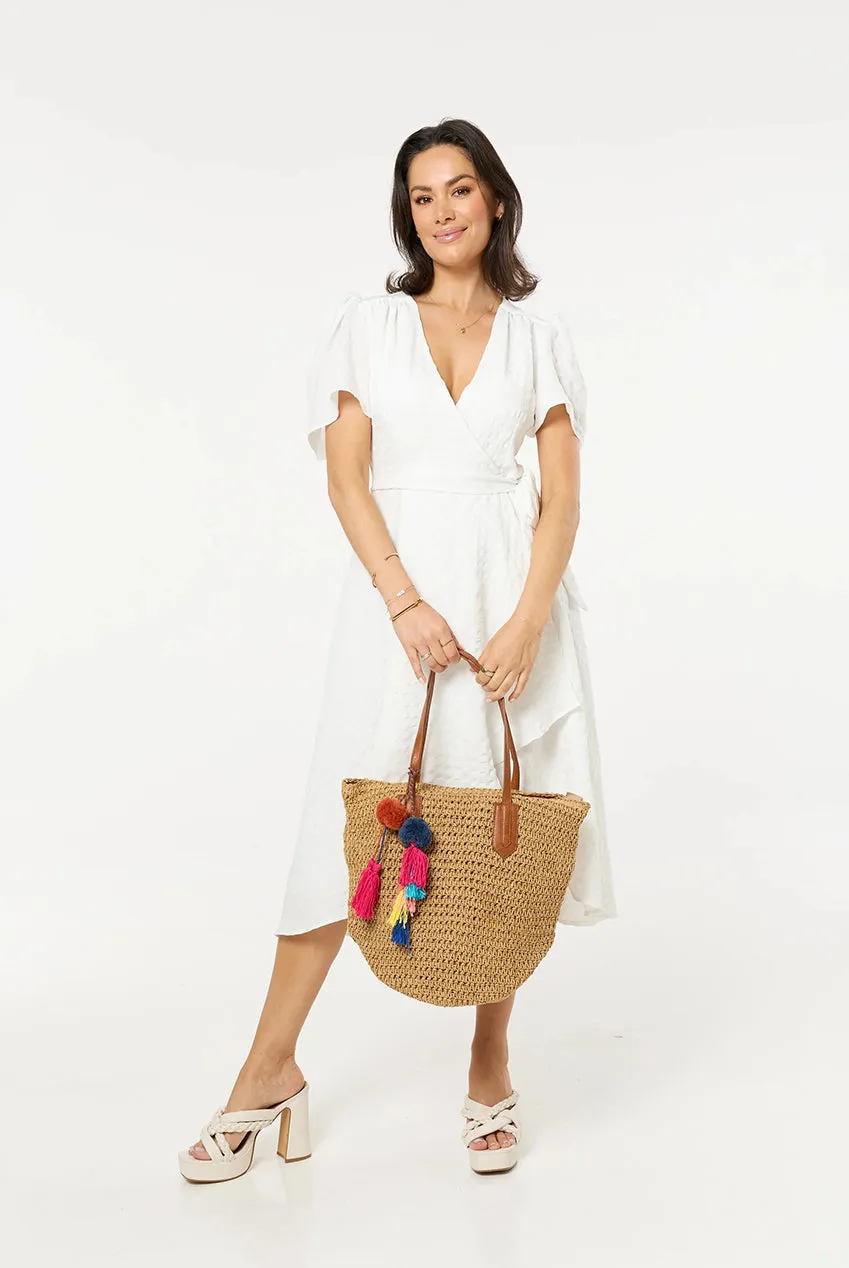 Liquorish Borsa Mare Tote Naturale con Pom Pom e Nappine