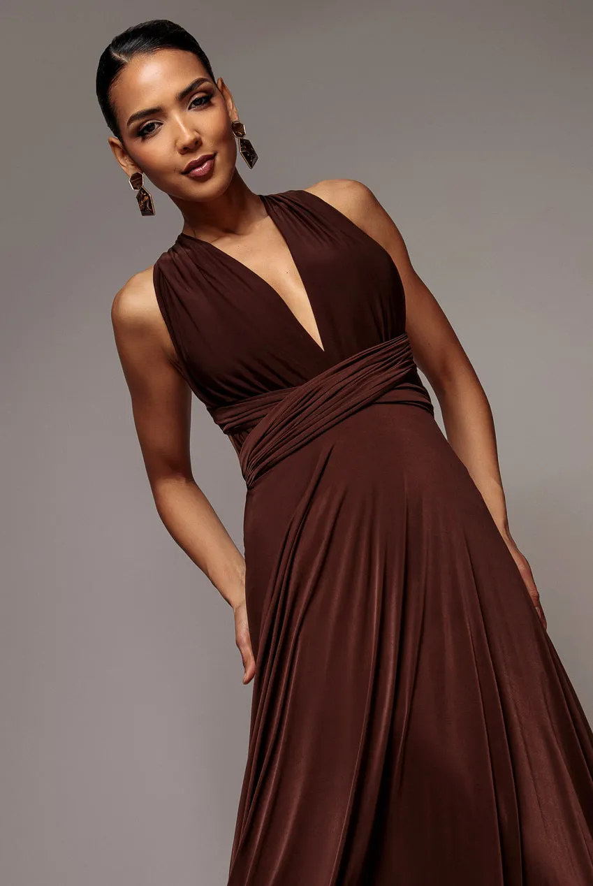 Goddiva Multiway abito maxi marrone allacciato