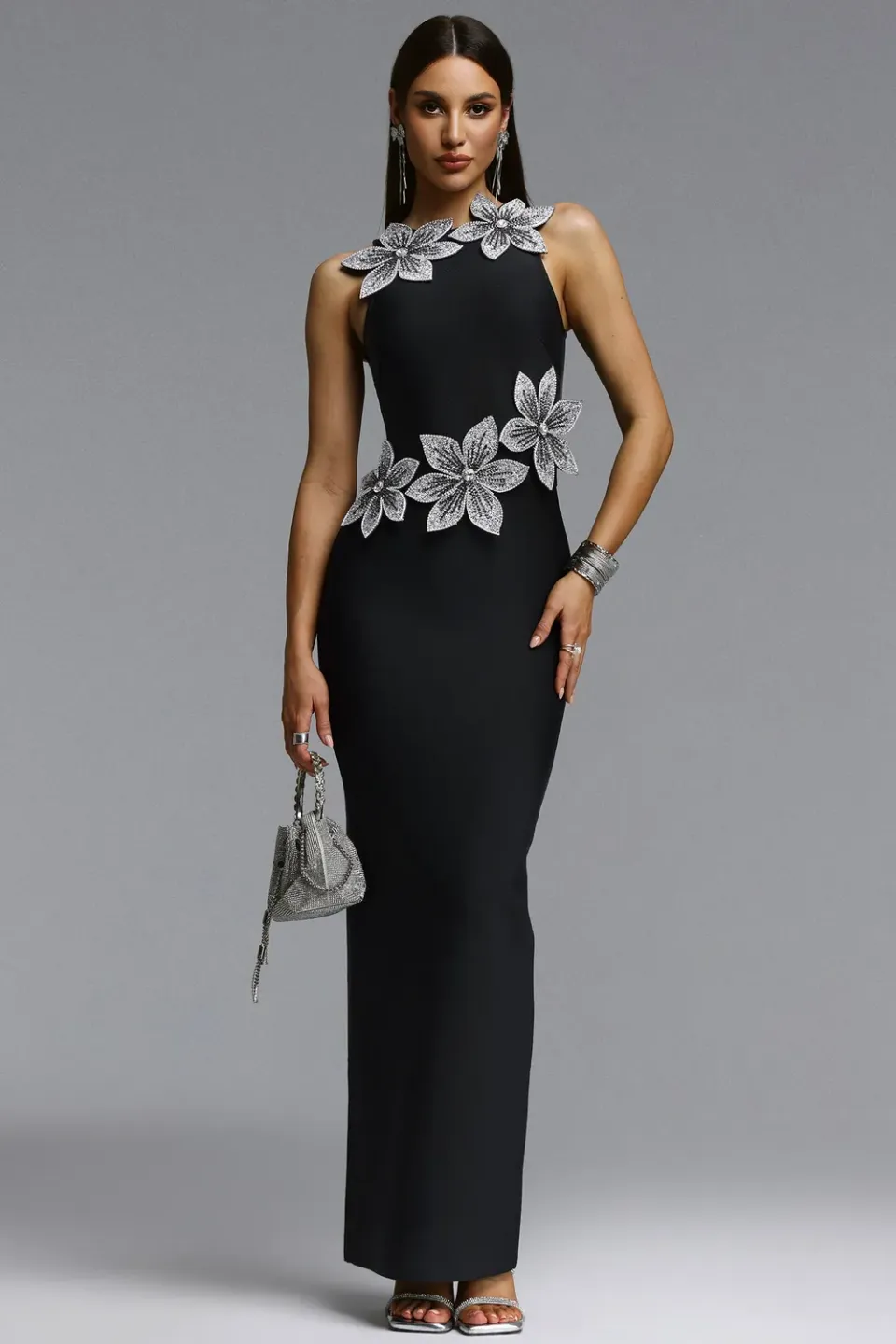 Bella Barnett Whetu abito bandage maxi nero floreale